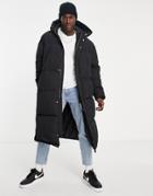 Topman Extra Longline Puffer Jacket With Hood In Black - Black