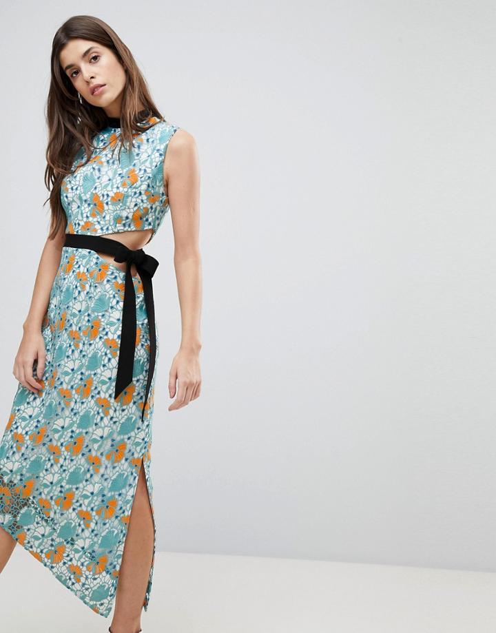Three Floor Midi Dress With Tie Detail - Multi