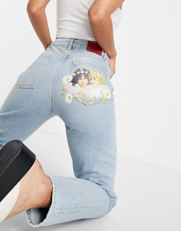 Fiorucci High Waisted Jeans In Vintage Wash With Angel Logo-blues