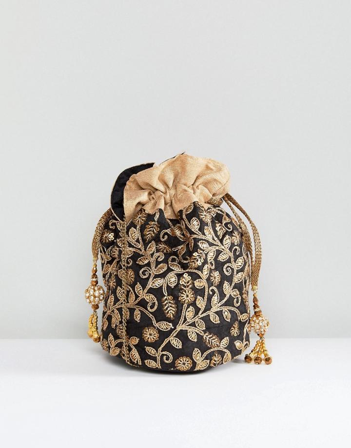 Park Lane Embroidered Hand Made Drawstring Mini Bag - Black