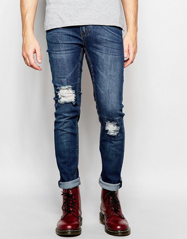 Cheap Monday Jeans Tight Stretch Skinny Fit Carbon Blue Knee And Thigh Rip Dark Wash - Carbon Blue