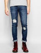 Cheap Monday Jeans Tight Stretch Skinny Fit Carbon Blue Knee And Thigh Rip Dark Wash - Carbon Blue