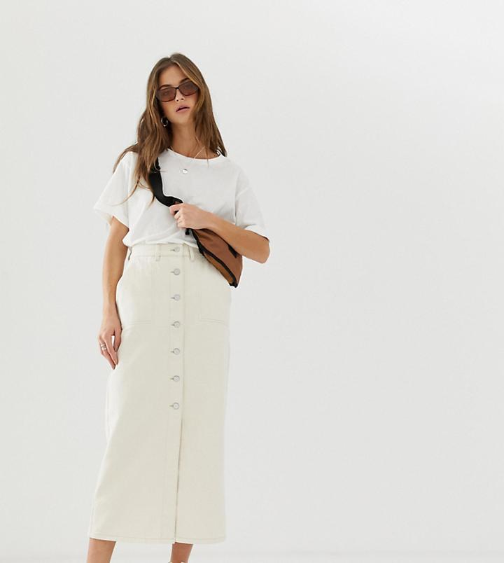 Reclaimed Vintage Inspired Denim Midi Mom Skirt In Ecru Wash - White