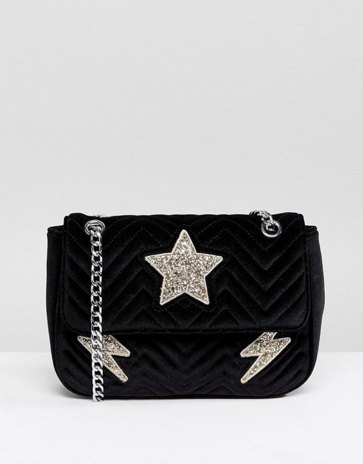 Skinnydip Glitter Detail Quilted Velvet Shoulder Bag - Black
