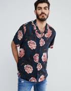 Asos Oversized Shirt In Vintage Floral Print With Revere Collar - Navy