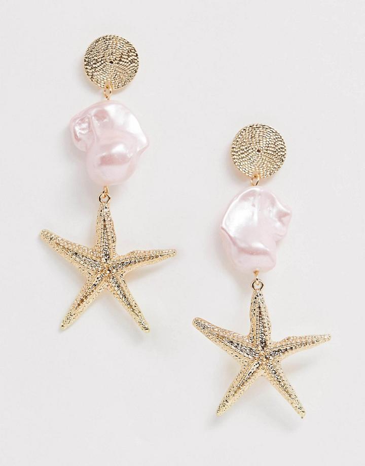 Asos Design Earrings With Colored Faux Pearl And Starfish Drop In Gold Tone - Gold