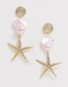 Asos Design Earrings With Colored Faux Pearl And Starfish Drop In Gold Tone - Gold