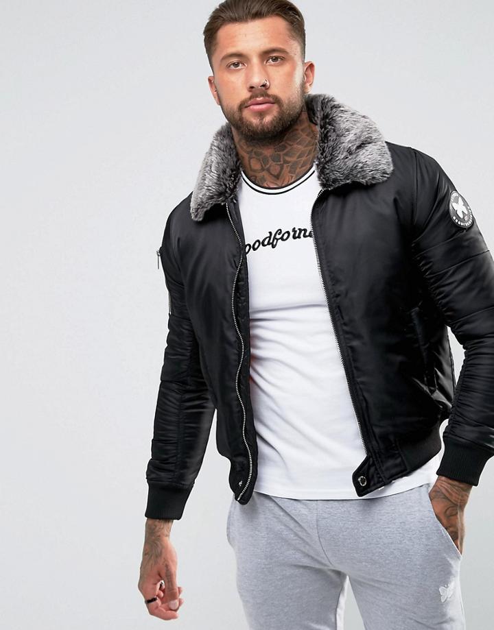 Good For Nothing Bomber Jacket In Black With Faux Fur Collar - Black