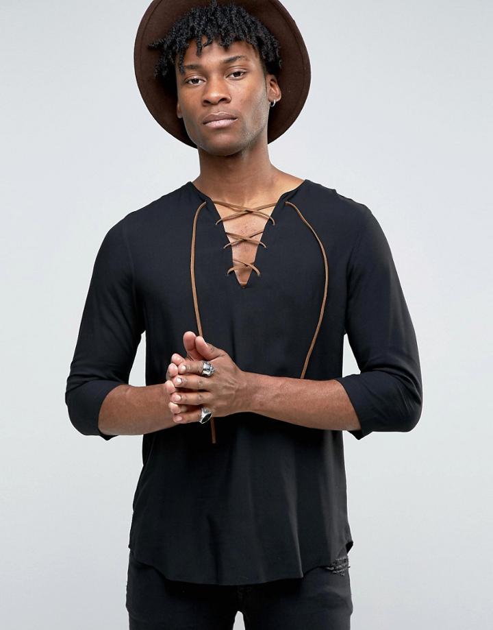 Asos Viscose Shirt With Tie Y Neck In Regular Fit - Black