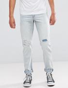 Asos Stretch Slim Jeans In Bleach Wash With Rip And Repair - Blue