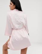 Asos Design Satin Bridesmaid Robe With Embroidery - Pink