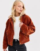 Only Cropped Cord Jacket With Faux Fur Collar-brown
