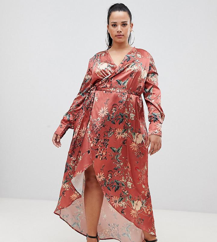 Club L Plus Floral Long Sleeve Wrap Maxi Dress - Orange