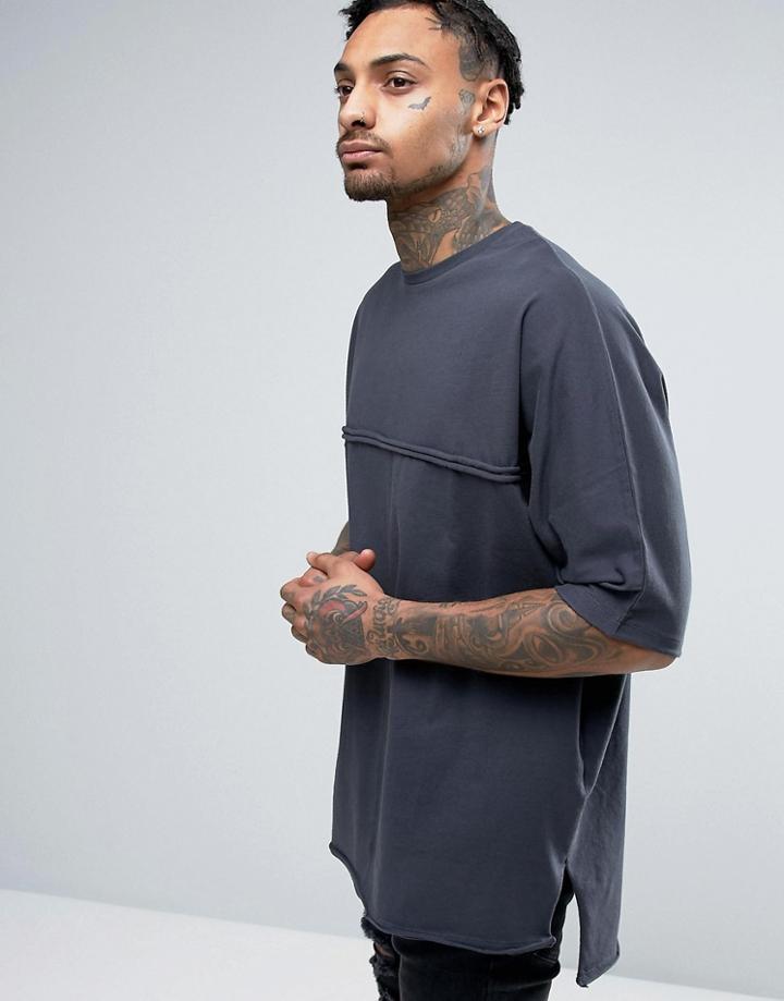 Asos Super Oversized T-shirt With Batwing Sleeve And Raw Edges - Gray