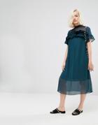 Lost Ink Shift Dress With Sheer Panel And Ruffle - Green