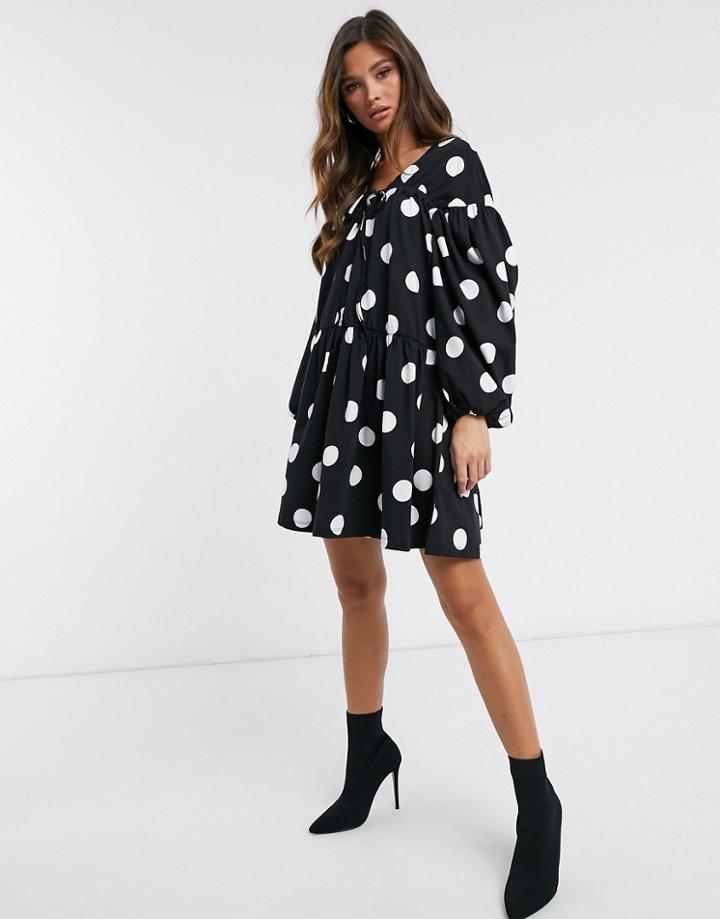 Asos Design Oversized Tiered Smock Dress In Black And White Polka Dot
