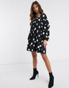 Asos Design Oversized Tiered Smock Dress In Black And White Polka Dot