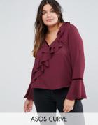 Asos Curve Ruffle Blouse With Velvet Trim - Red