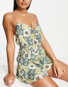 River Island Printed Cowl Neck Beach Romper In Green