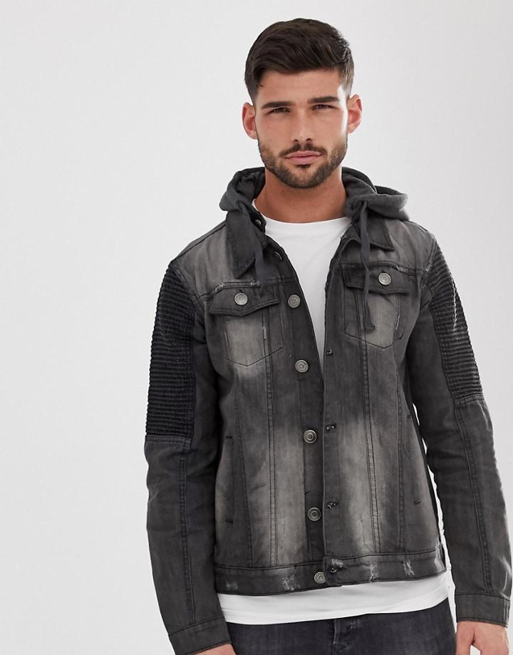 Brave Soul Washed Black Jersey Hood Denim Jacket