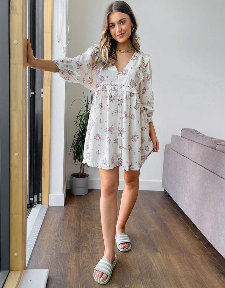 Asos Design Frill V Neck Button Through Mini Smock Dress In Floral Print-multi