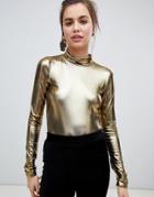 Monki Roll Neck Jersey Top In Gold - Gold