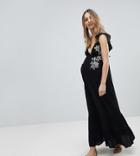 Asos Maternity Floral Cross Stitch Embroidered Maxi Beach Dress With Pompom Trim - Black