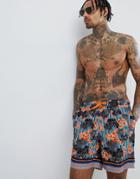 Asos Design Swim Shorts With Stirpe & Floral Print In Mid Length - Multi