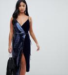 Asos Design Petite Sequin And Velvet Cami Wrap Midi Dress-multi