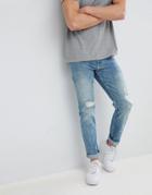 Asos Design Slim Jeans In Mid Wash Blue With Rips