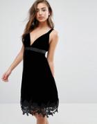 Miss Selfridge Velvet Lace Hem Dress - Black