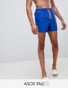 Asos Design Tall Swim Shorts In Electric Blue With Neon Orange Drawcord In Short Length