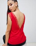 Asos Design Deep Plunge Lace Insert Camisole Tank-red