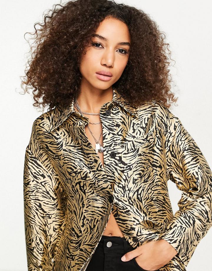 Topshop Oversized Zebra Print Shirt In Gold