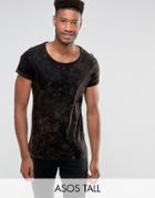 Asos Tall Longline T-shirt With Bleach Spray Wash In Orange And Black - Black
