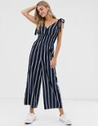Asos Design Shirred Waist Tie Shoulder Jumpsuit In Navy & White Stripe - Multi