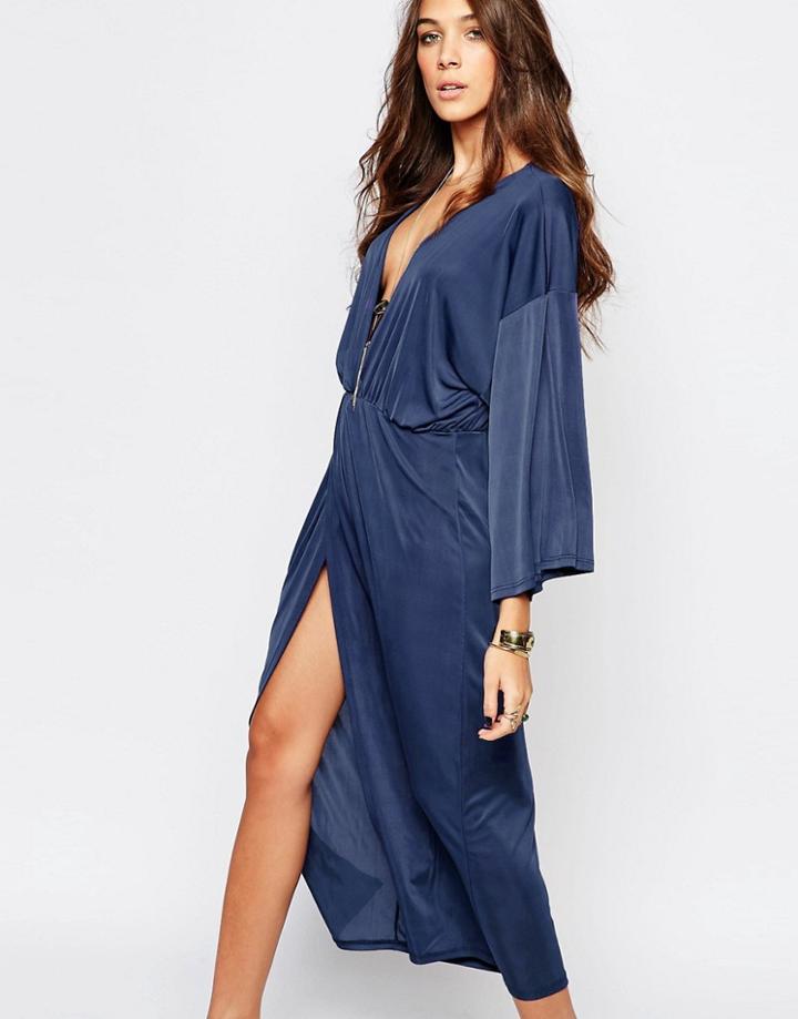 First & I V Neck Midi Dress - Navy