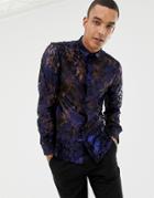 Twisted Tailor Skinny Fit Shirt In Blue Metallic Lace - Blue