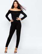 Asos Bodyfit Jumpsuit With Long Sleeve Bardot - Black