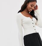 Asos Design Tall Scoop Neck Cardigan In Skinny Rib With Buttons-cream