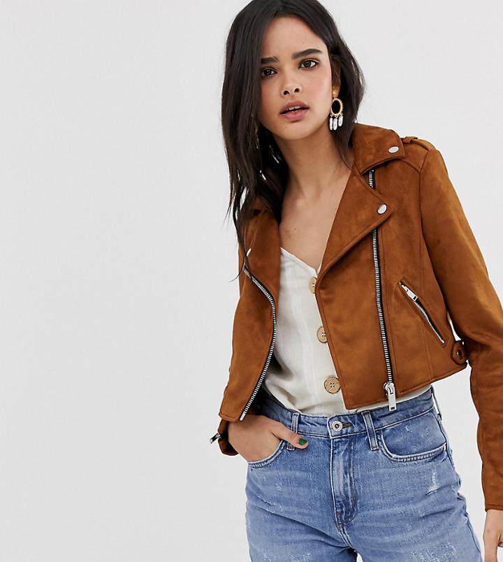 River Island Faux Suede Biker Jacket In Tan - Tan