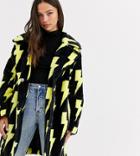 Daisy Street Coat In Lightning Bolt Print Faux Fur-black