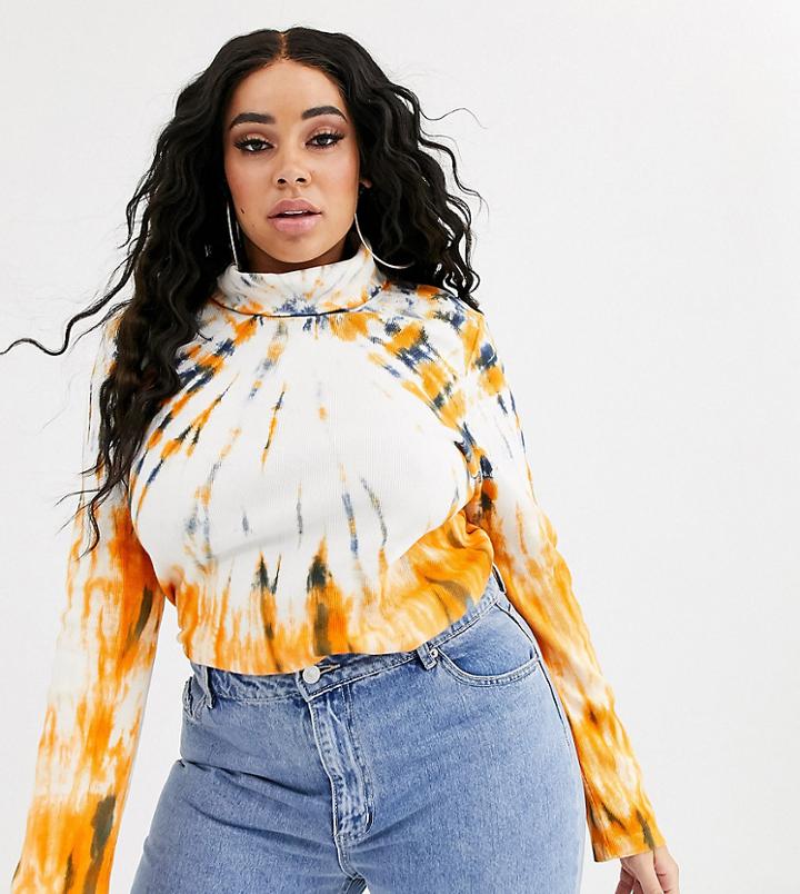 Neon Rose Plus High Neck Fitted Top In Dark Tie Dye