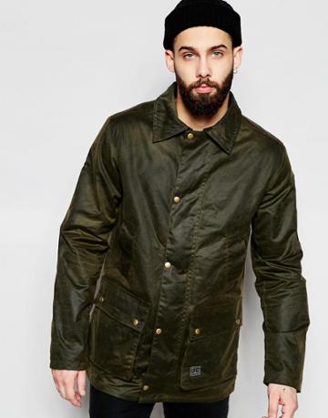 Brixtol Waxed Jacket With Cord Collar - Green