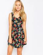 Iska Belted Floral Skater Dress - Black