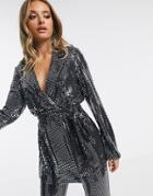 Asos Design Jersey Sequin Belted Wrap Suit Blazer-silver