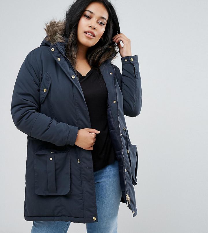 Brave Soul Plus Hooded Mid Parka - Navy