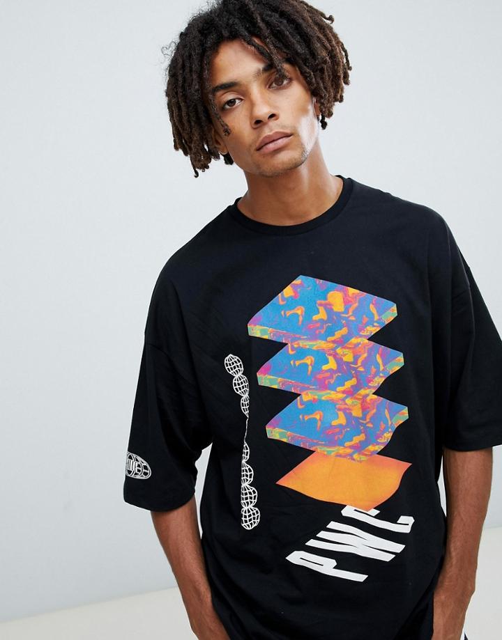 Asos Design Oversized Longline T-shirt With Marble Abstract Print And Half Sleeve - Black