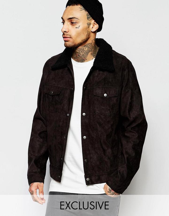 Liquor & Poker Faux Suede Western Jacket Fleece Collar In Black - Black