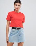 Asos Design Crop T-shirt With Roll Sleeve And Raw Hem In Red - Red